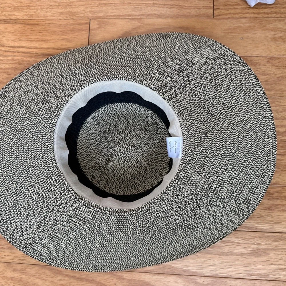 Karen Keith OS Black Tan Straw Wide Brim Sun Hat Geo Band Summer Beach Chic